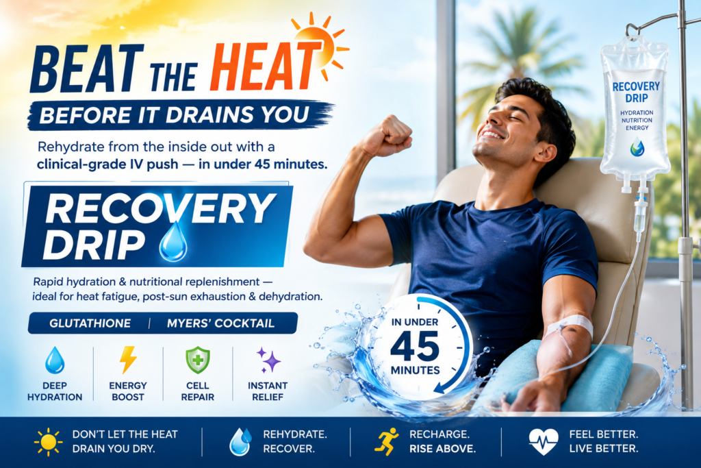 Man receiving Recovery IV Drip therapy for hydration, energy boost, and recovery from summer heat and dehydration at Dr A&N Clinic